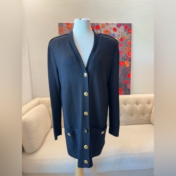 St. John Women’s Black Knit Long V-Neck 6 Buttons Front Cardigan M - Picture 1 of 12